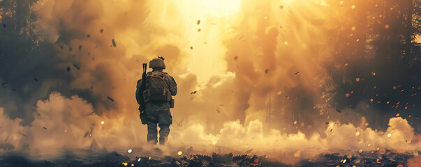 Fototapeta premium back view of a Military soldier smoke on ground in dark forest.