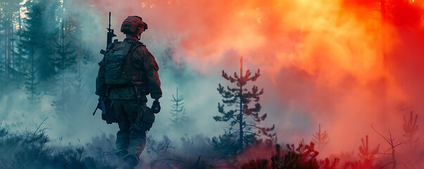 back view of a Military soldier smoke on ground in dark forest.