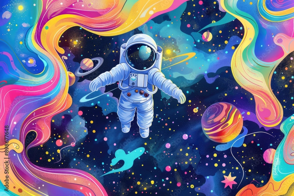Poster An astronaut floating in space surrounded by planets, suitable for use in sci-fi concept art or educational materials
