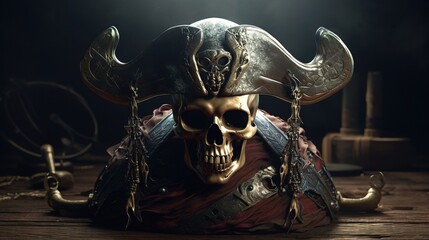 A pirate skull with crossed swords behind it, adorned with an old-fashioned pirate hat, invoking a sense of adventure.