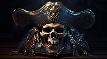 A pirate skull with crossed swords behind it, adorned with an old-fashioned pirate hat, invoking a sense of adventure.