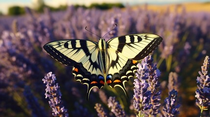 A Scarce Swallowtail butterfly, its elegant wings patterned with black and cream, fluttering around a sunlit lavender field in the countryside.