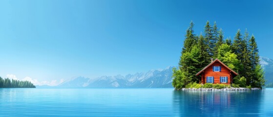 Fototapeta premium A tiny house sits on an isolated island amidst a expansive body of water Mountains loom in the distance