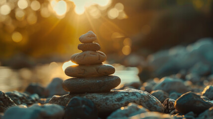 Obraz premium stack of zen stones in golden warm sunlight. Inner peace harmony balance concept.