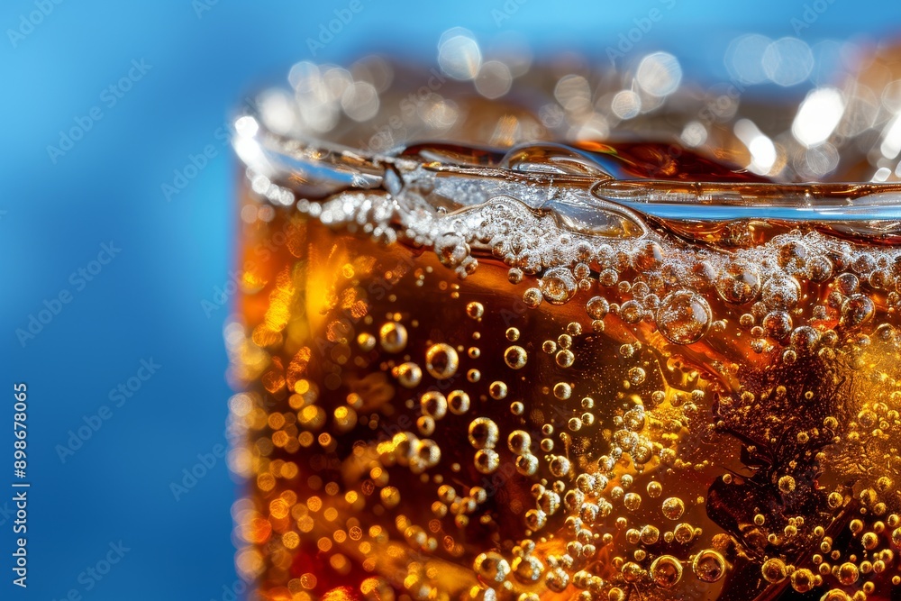 Poster close up of fizzy cola in a glass with ice emphasizing bubbles and refreshing drink