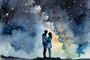 Obraz premium A serene watercolor of a couple under a starry sky with space for text
