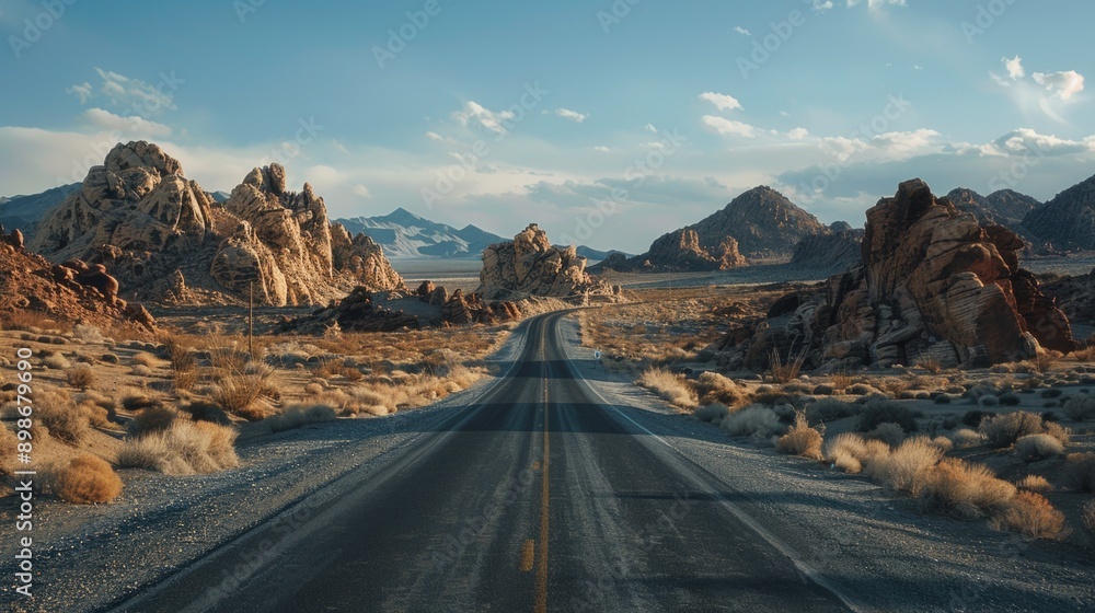 Poster a long and empty highway in the middle of a desert, with no signs of life or civilization