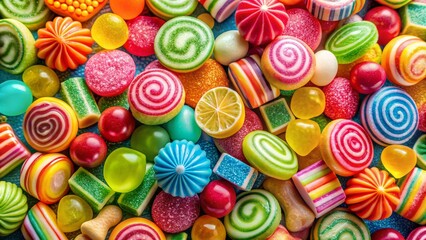 Fototapeta premium A Close-Up of Colorful Candies on a Blue Background, candy, sweets, gummy, dessert