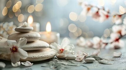Zen Stone Stack with Cherry Blossoms and Candlelight - Tranquil Spa Setting for Inner Peace and Relaxation