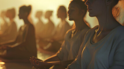 Group Meditation Session at Sunset, Mindfulness and Inner Peace Practice in Soft Lighting