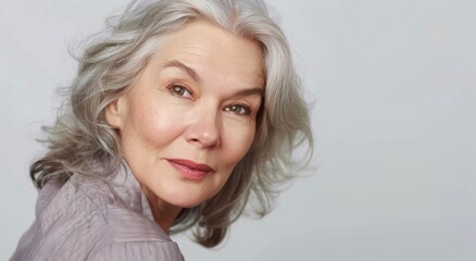 Fototapeta premium Portrait of attractive natural beautiful mature woman portrait with perfect skin for her age.Macro.AI Generative.