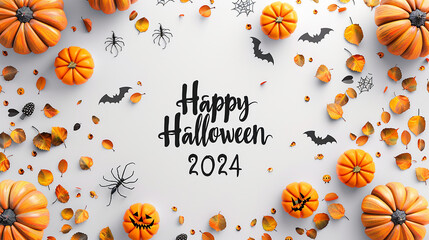 Halloween greetings on a white background with pumpkins, with the meaning of the words "Happy Halloween 2024"