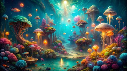 A Glimpse into the Bioluminescent Reef An Underwater Fantasy World, Digital Painting, Lush Coral Reef, Bioluminescent Mushrooms, Fantasy Landscape, underwater, digital art