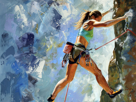 Rock Climber Ascending Colorful Cliff Painting