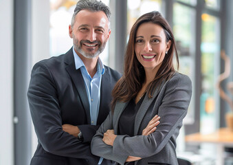 Smiling happy business couple at their office showing perfect example of partnership.Macro.AI Generative.