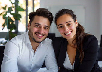 Young happy smiling business couple at their office showing great partnership.Macro.AI Generative.