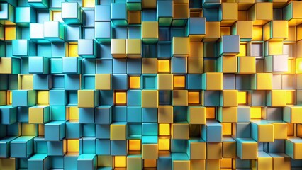 Abstract 3D Cube Wall - Blue and Gold Geometric Pattern , abstract , 3d , cube , pattern