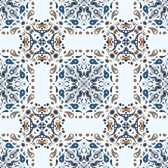 Symmetrical mosaic seamless pattern. Watercolor geometric eastern background. A mix of mirrored abstract designs in a kaleidoscope style. Raster arrangement of bright elementsin mosaic style.