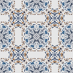 Symmetrical mosaic seamless pattern. Watercolor geometric eastern background. A mix of mirrored abstract designs in a kaleidoscope style. Raster arrangement of bright elementsin mosaic style.