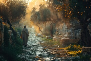 atmospheric portrait of jesus walking a weathered stone path bathed in golden hour light olive trees and ancient ruins line the way creating a sense of timeless spirituality