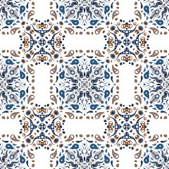 Symmetrical mosaic seamless pattern. Watercolor geometric eastern background. A mix of mirrored abstract designs in a kaleidoscope style. Raster arrangement of bright elementsin mosaic style.