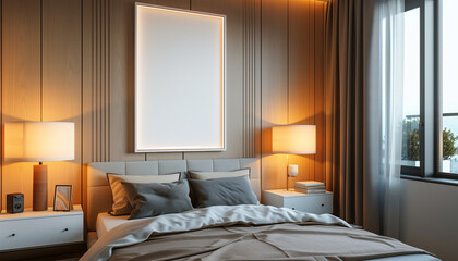 Bedroom modern artwork and lighting with empty frame