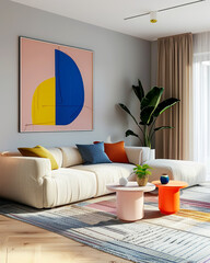 Minimalist interior design of modern living room with sofa with colorful pillows.