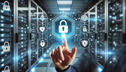 Fototapeta premium A close-up of interacting with a touch screen displaying a digital shield and cybersecurity icons, in a server room