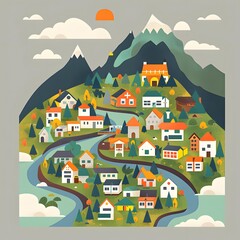 Small Village Illustration with River and Mountains