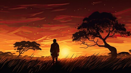 A silhouette of an  man standing in tall grass under the tree