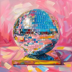 Colorful Disco Ball with Vibrant Reflections: Oil Painting on Pink Background, Artistic and Modern