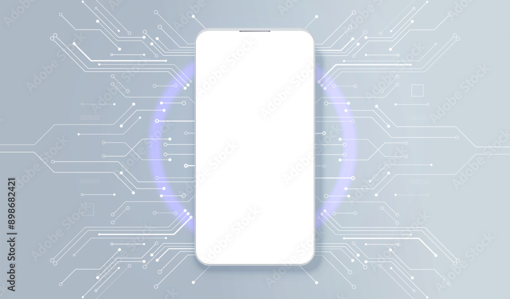 Poster phones mock up white screen front view on circuit board. technology mobile smartphone with blank scr