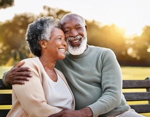 Obraz premium black woman man senior couple happy retirement together elderly hug active bonding park outdoors enjoying the senior love and friendship