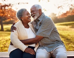 Obraz premium black woman man senior couple happy retirement together elderly hug active bonding park outdoors enjoying the senior love and friendship