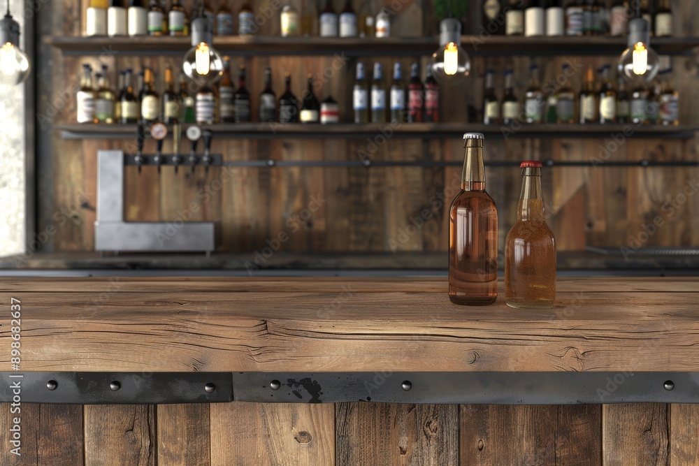 Poster rustic bar counter with bottles and glasses emphasizing cozy ambiance and inviting setting