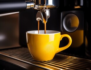 A yellow cup of coffee being poured into a coffee machine. Ideal for illustrating the process of making fresh coffee in the morning