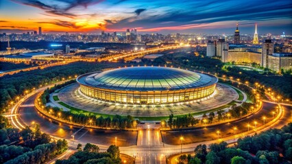 Fototapeta premium Aerial View of a Stadium Illuminated at Twilight, Cityscape, Night, Stadium, Architecture, Kyiv, Ukraine
