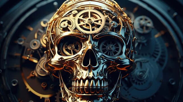 A surreal skull with clockwork gears and mechanical parts visible inside, suggesting a steampunk theme.