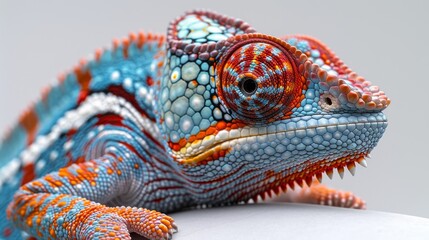 Obraz premium Vibrant chameleon with blue, orange, and red scales is resting on a white surface