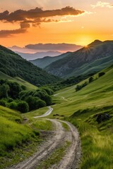 A scenic dirt road winds its way through a lush green valley, perfect for outdoor adventures or nature photography