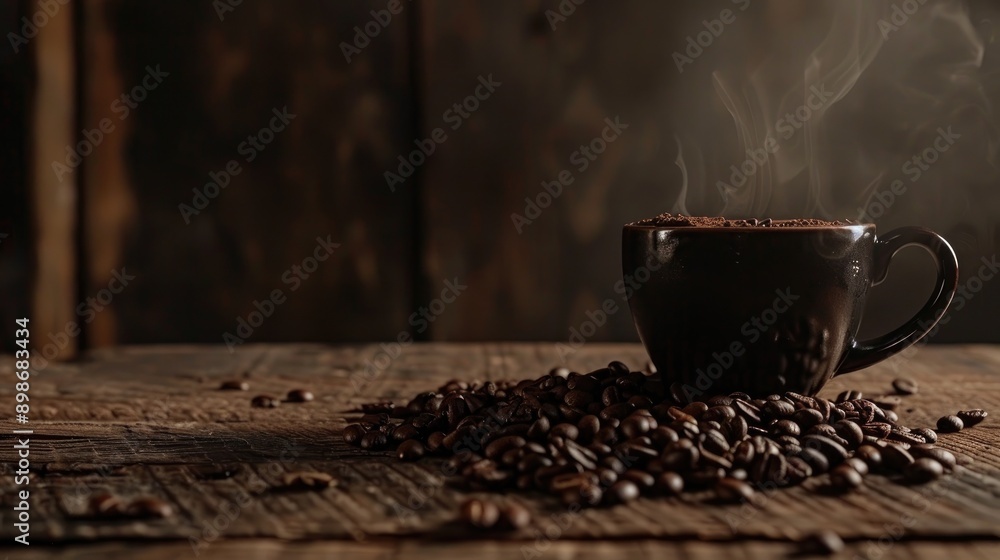 Sticker Coffee beans on wooden table beside dark steaming cup