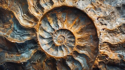 Close-up of an ammonite fossil embedded in rock, showcasing intricate spiral patterns and textures. Fossil study concept.