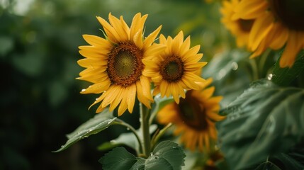 Obraz premium Close-up of vibrant sunflowers in full bloom under the morning sun, showcasing bright yellow petals. Summer garden concept.