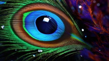 Naklejka premium A vibrant, colorful depiction of a peacock feather reflected in the iris of an eye, blending natural beauty and human intrigue.