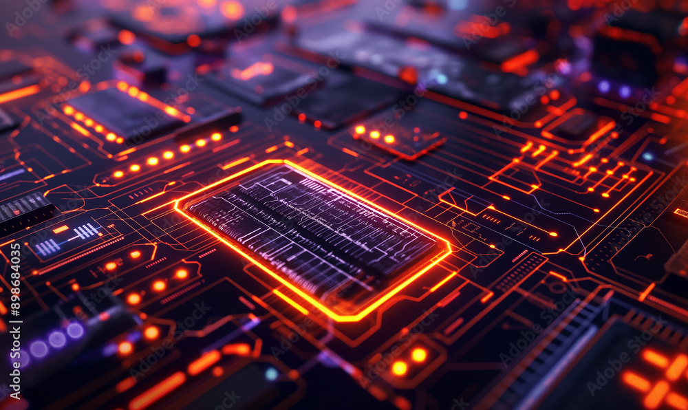 Poster advanced circuit board with glowing red lights and intricate pathways for modern electronics
