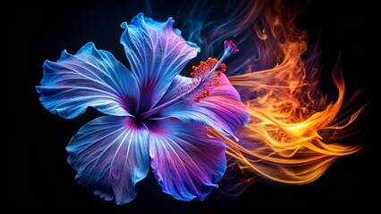 Blue Hibiscus with Fire Flames, Abstract, Floral, Nature, Photography