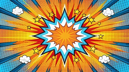 Bright Comic Book Explosion with Stars and Halftone Dots, comic , explosion , halftone , illustration