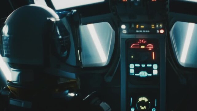 Pilot astronaut in a helmet in a spaceship cabin during space warp jump. Turbulences in a cabin. Console lights blinking. Lightspeed, space travel concepts. Futuristic science fiction cinematic clip
