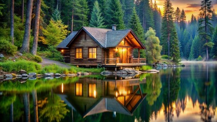 Fototapeta premium Cabin by the Lake with Sunset Reflections, Lakehouse, Forest, Nature, Reflection
