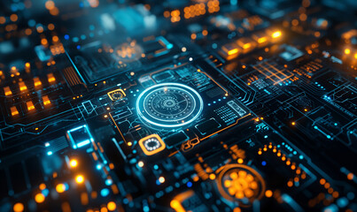 Fototapeta premium Advanced Circuit Board Technology with Glowing Blue Lights and Intricate Patterns